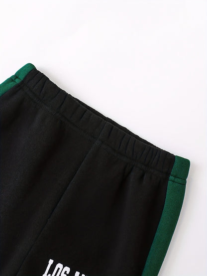 2pcs Boys' Autumn/Winter Fleece-Lined Hooded Sweatshirt and Pants Set, Simple Letter Print Fashion Classic Outfit for Outdoor Sports and Casual Wear, 100% Polyester Knit Stretch Fabric, Ideal Gift Choice for Kids, Perfect for