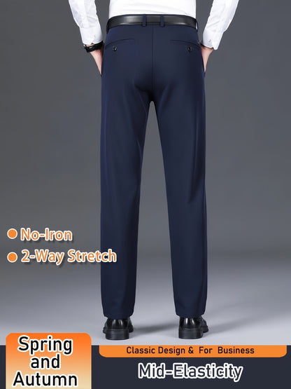 Men's Solid Color Dress Pants, Classic Design Slightly Stretch Formal Dress Pants For Business Occasions, Spring And Fall