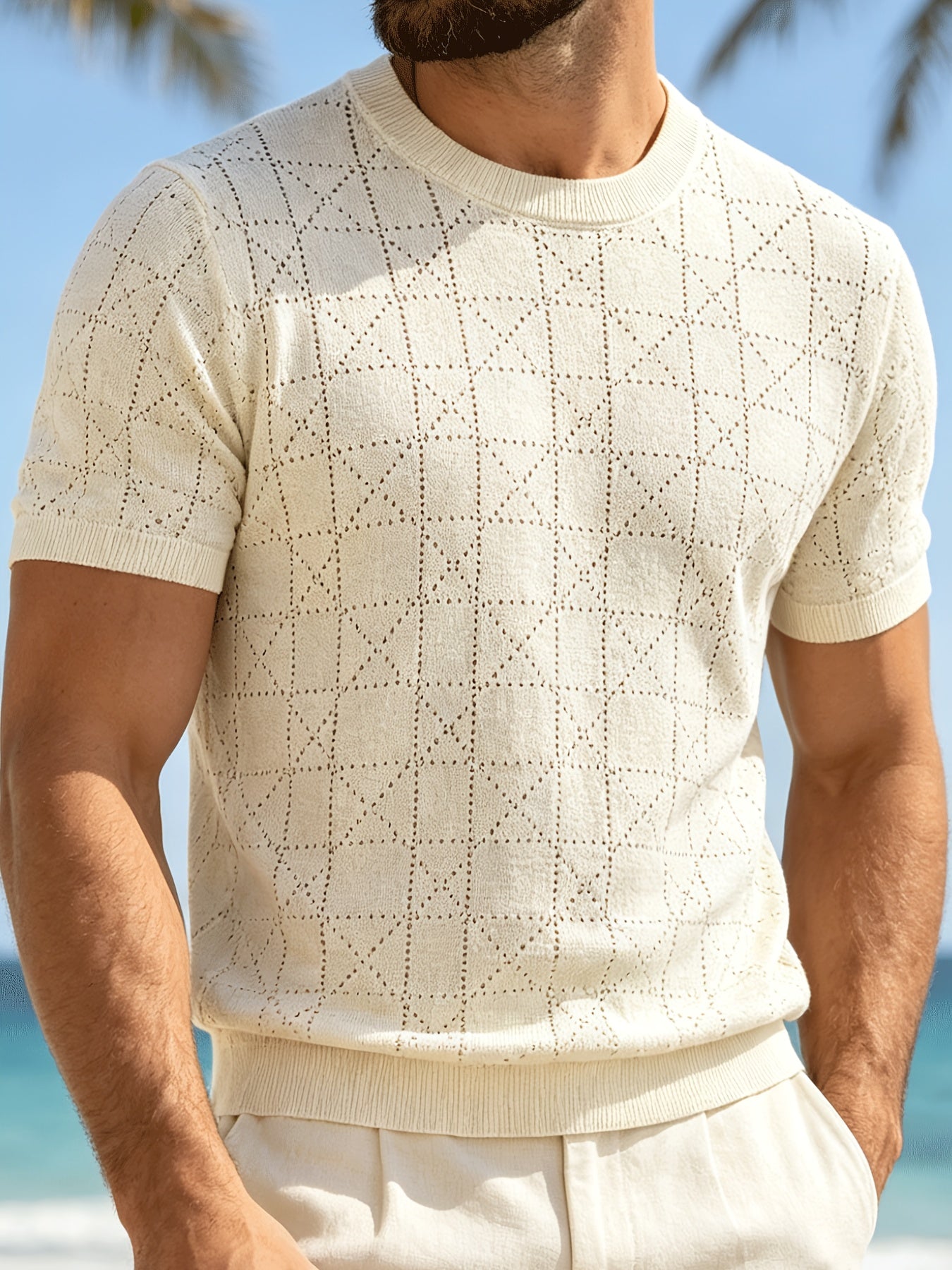 Men's Loose Fit Short Sleeve Hollow Knit Crew Neck Top