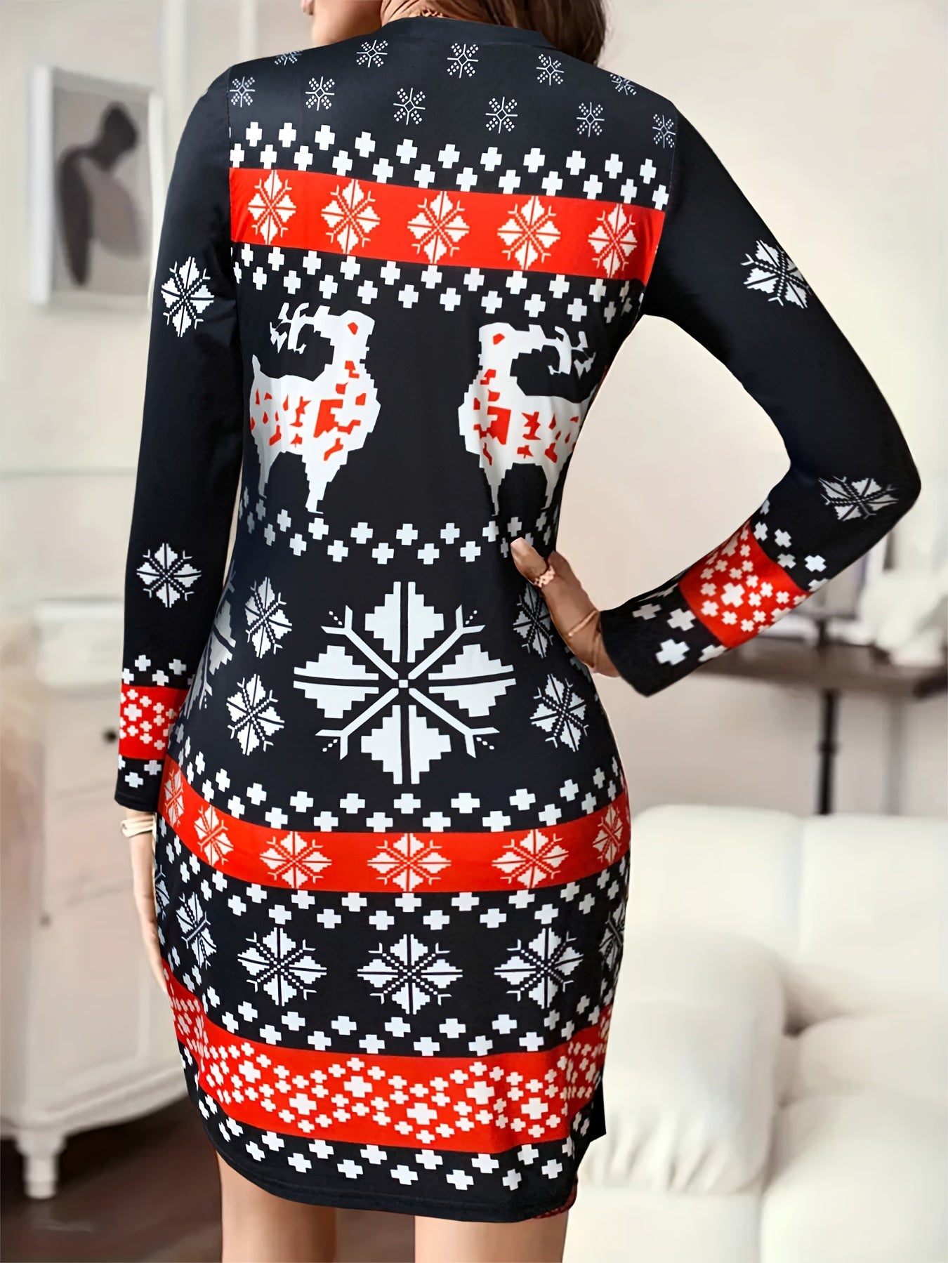 Christmas Deer Print Bodycon Dress, Casual Crew Neck Long Sleeve Mini Dress, Women's Clothing
