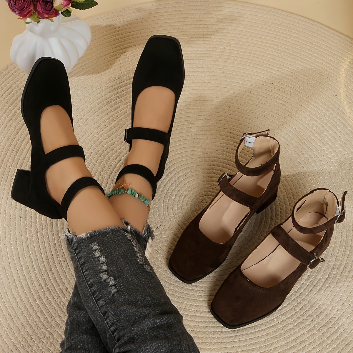 Women’s Casual Mary-Jane Shoes with Double Buckle & Block Heel