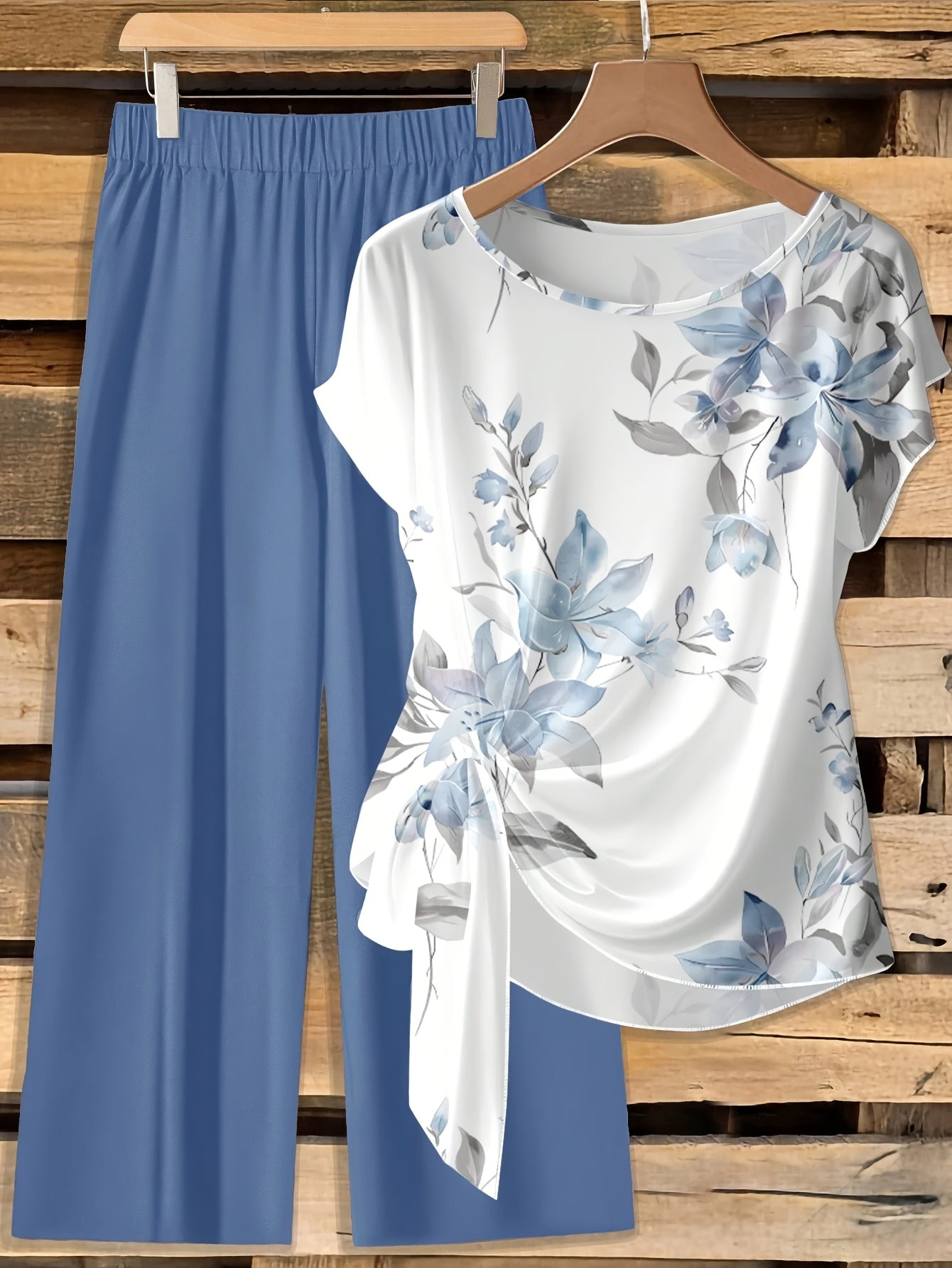 Women's Floral Bow-Tie Blouse & Loose Straight Pants Set