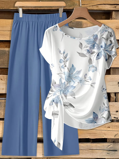 Women's Floral Bow-Tie Blouse & Loose Straight Pants Set