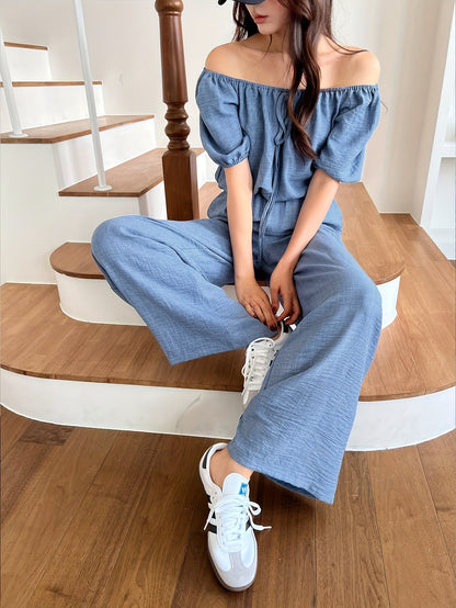 Women's Summer Solid Color Off-Shoulder Puff Sleeve Crop Top and Loose Wide-Leg Pants Two-Piece Set - ayq
