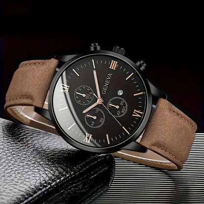 1pc Geneva Vintage Men'S Quartz Watch, Round Alloy Case, Analog Display, with Date Feature, PU Leather Strap, Battery Powered (Button Battery), for Valentine's, Easter, Ramadan, Birthday, Christmas Gifts