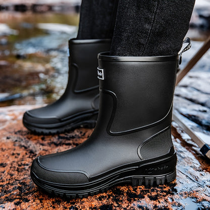 Men's Mid-Calf Rubber Rain Boots - Durable Non-Slip Outdoor Shoes