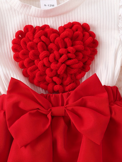 Girls' Sweet Princess Style 3pcs Set with Heart & Bow Detail - Soft Pink & Red Ruffled Sleeves, Bodysuit with Red Bow Skirt & Matching Headband, for Outdoor, Princess Dress For Girls, Princess Dress For Girl