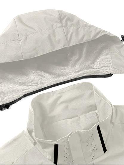 Men's Hooded Casual Windbreaker Jacket - 100% Polyester, Non-Stretch Woven Fabric, Long Sleeve, Regular Length, Alphabet Pattern, Zippered Pockets, Detachable Hood - All-Season Outdoor Lightweight Coat