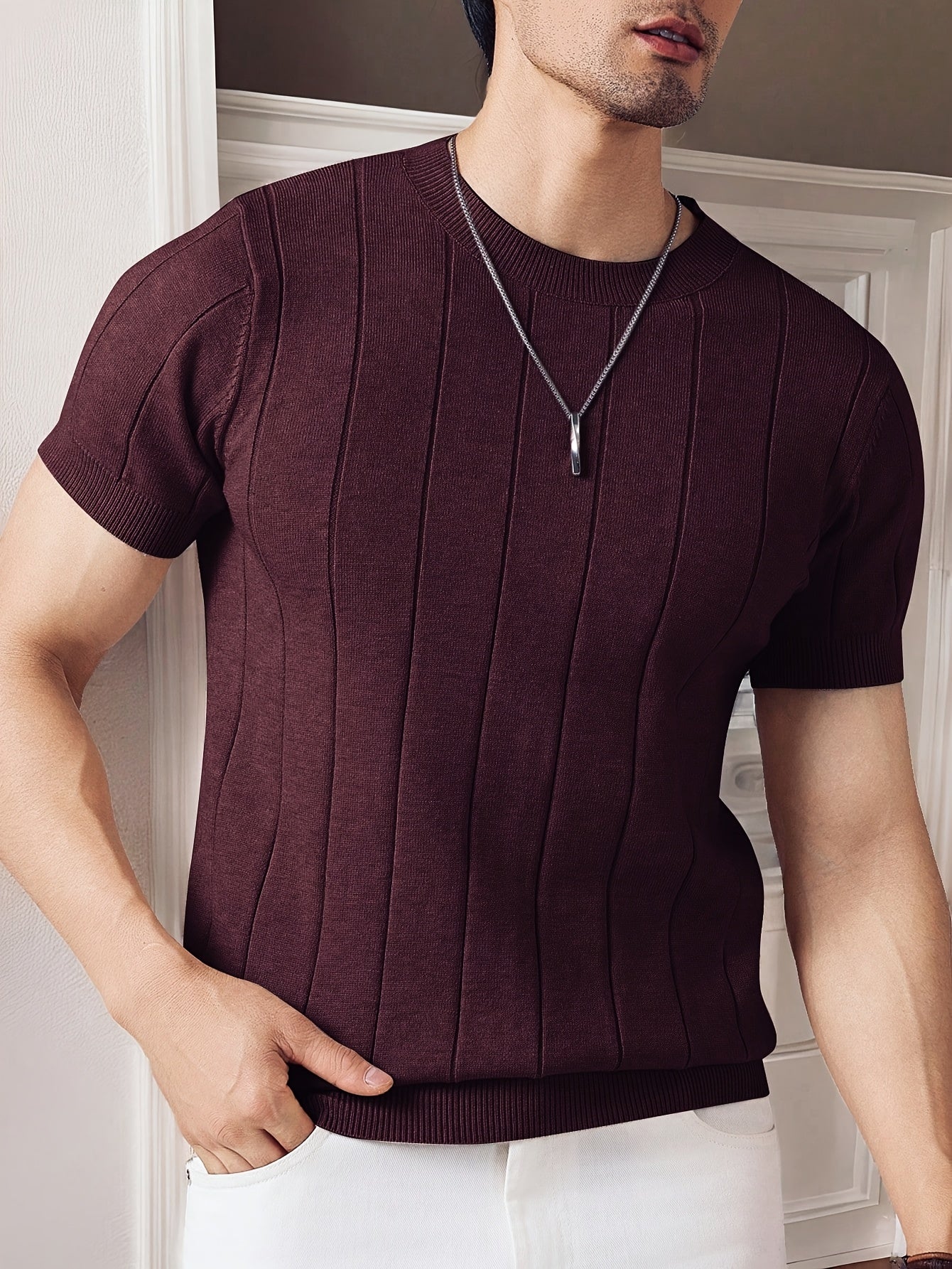 New Summer Short-Sleeve Knitted Men's Light Luxury Crew Neck Slim Fit Business Cool Y T-Shirt, Lightweight, Breathable, Versatile, Stretchy, Slim Fit Top for Men - ayq
