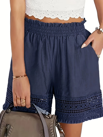 Solid Tassel Hem Loose Shorts, Vacation Paper Bag Waist Summer Shorts, Women's Clothing