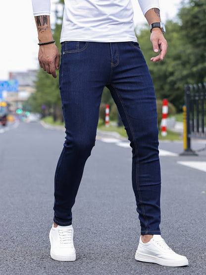 Slim Fit Chic Jeans, Men's Casual Street Style All Match Stretch Denim Pants With Pockets