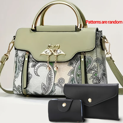 Կանացի պայուսակների հավաքածու՝ երեք հատից բաղկացած. տպագիր ուսի պայուսակներ, ոճային ձեռքի պայուսակներ և բազմակողմանի ուսապարկեր՝ մարմնին կպցնելու համար