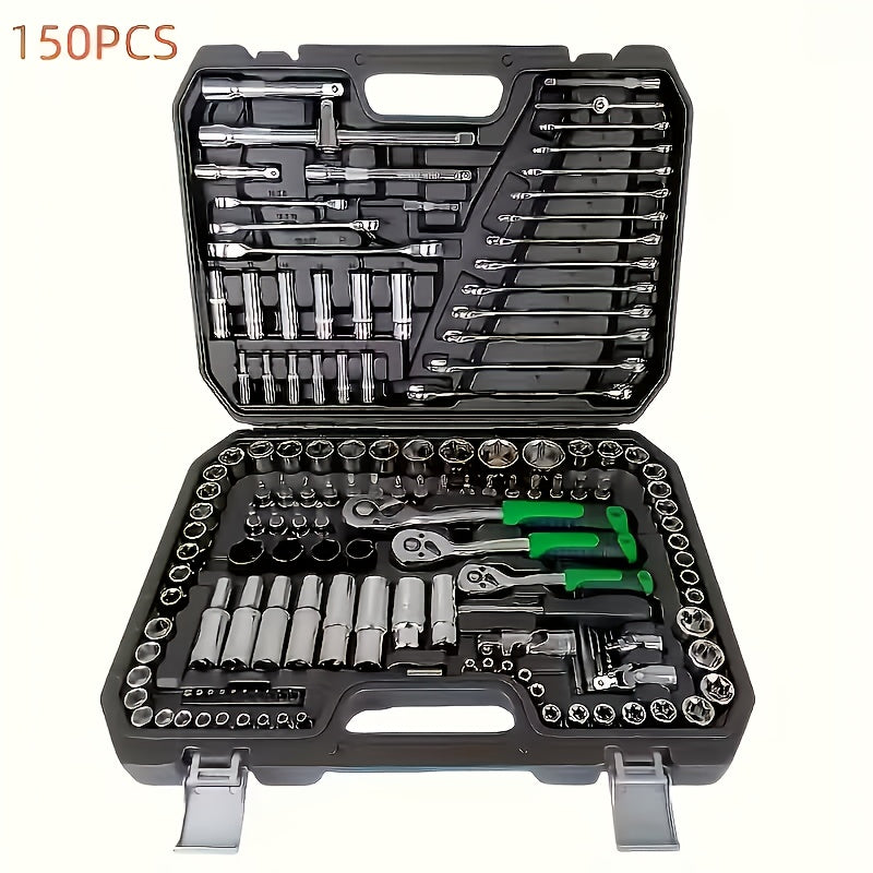 150/46pcs Professional All-in-One Auto Repair Tool Set Compatible for European- Heavy-Duty Alloy Metal Toolbox with Ratchet Torque Wrench, Hex Bit Screwdriver Kit, Multi-Size Car Mechanic Tool Kit for DIY& Professional Mechan