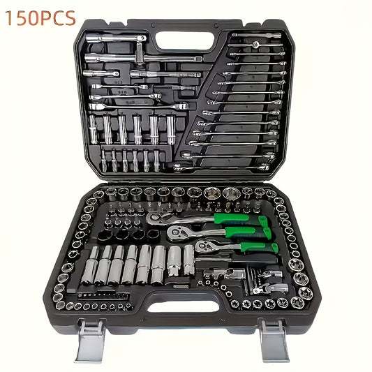 150/46pcs Professional All-in-One Auto Repair Tool Set Compatible for European- Heavy-Duty Alloy Metal Toolbox with Ratchet Torque Wrench, Hex Bit Screwdriver Kit, Multi-Size Car Mechanic Tool Kit for DIY& Professional Mechan