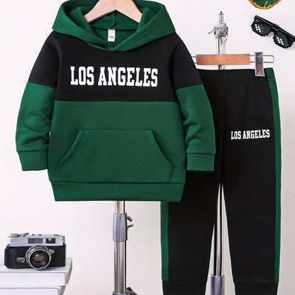 2pcs Boys' Autumn/Winter Fleece-Lined Hooded Sweatshirt and Pants Set, Simple Letter Print Fashion Classic Outfit for Outdoor Sports and Casual Wear, 100% Polyester Knit Stretch Fabric, Ideal Gift Choice for Kids, Perfect for