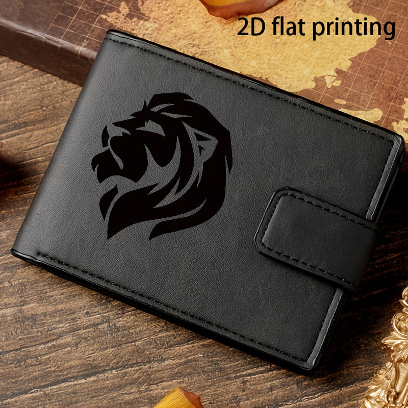 Lion Head Print Minimalist Design Wallet | Men'S Card Holder with Multiple Slots, Coin Purse, Document Organizer, Faux Leather, Casual Style