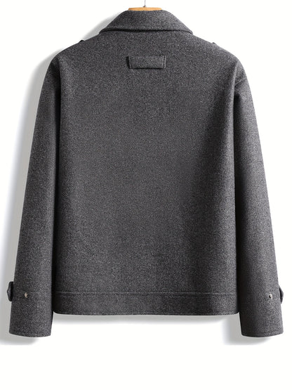 Men's Stylish Autumn/Winter Warm Polyester Casual Jacket with Lapel Collar, Zipper Closure, and Pockets - 100% Polyester Solid Color Loose Fit Coat