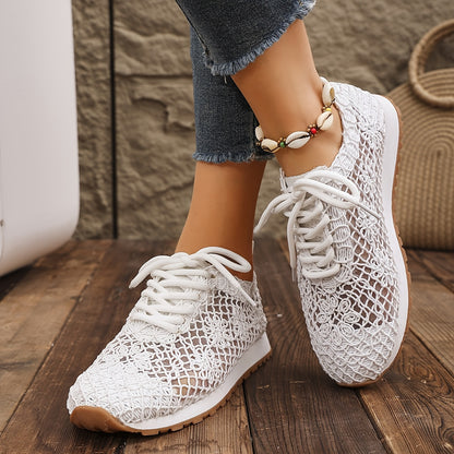 Women's Summer Solid Color Lace-Up Mesh Casual Shoes, Breathable Fabric with Rubber Sole, Net Fabric