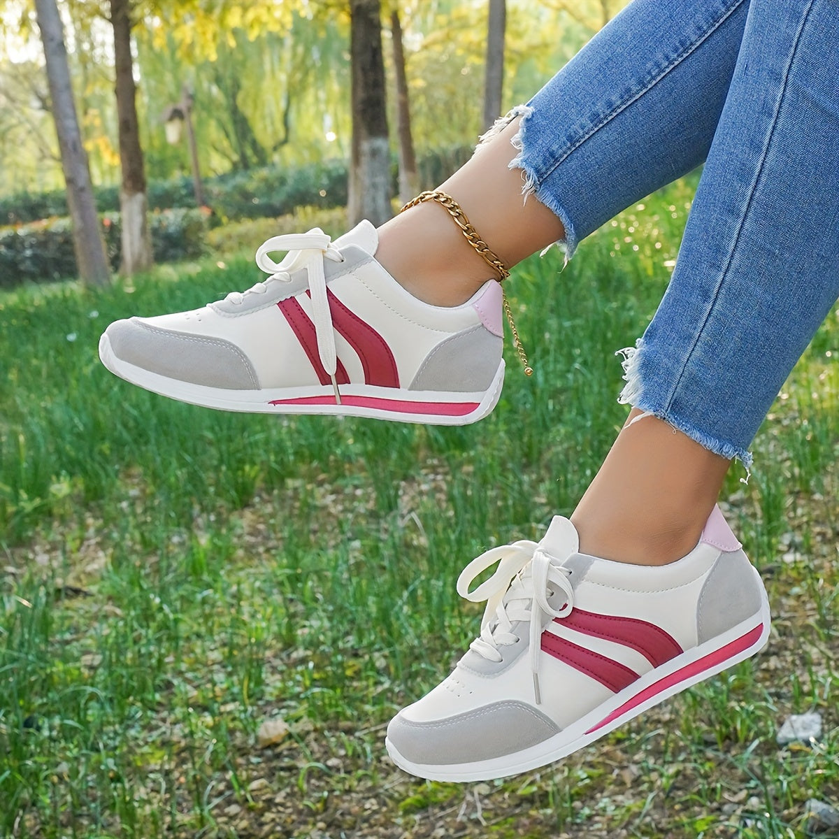 Women's Casual White Sneakers with Blue Accents - Breathable & Comfortable Lace-Up Running Shoes, Low-Top Fitness & Travel Footwear, Soft Rubber Sole, All-Season Wear