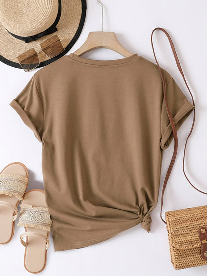 Women's Casual Letter Print T-Shirt - Soft Polyester, Short Sleeve Crew Neck Top for All Seasons, Round Neck, Sports Shirt