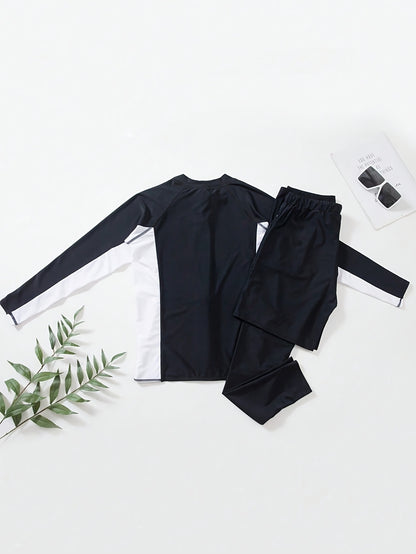 Men’s Black & White Athletic Swimwear Set with Zip-Up Top & Pockets