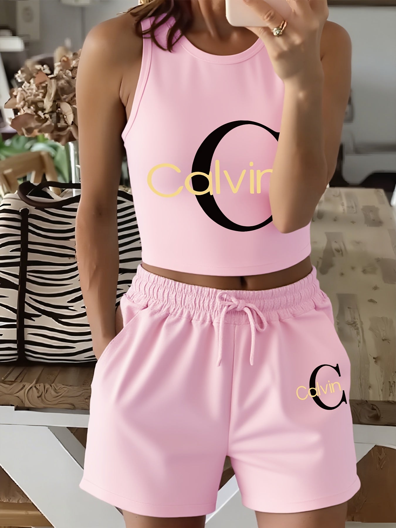 Women's Casual Two-Piece Set with Graphic Print Vest & Shorts