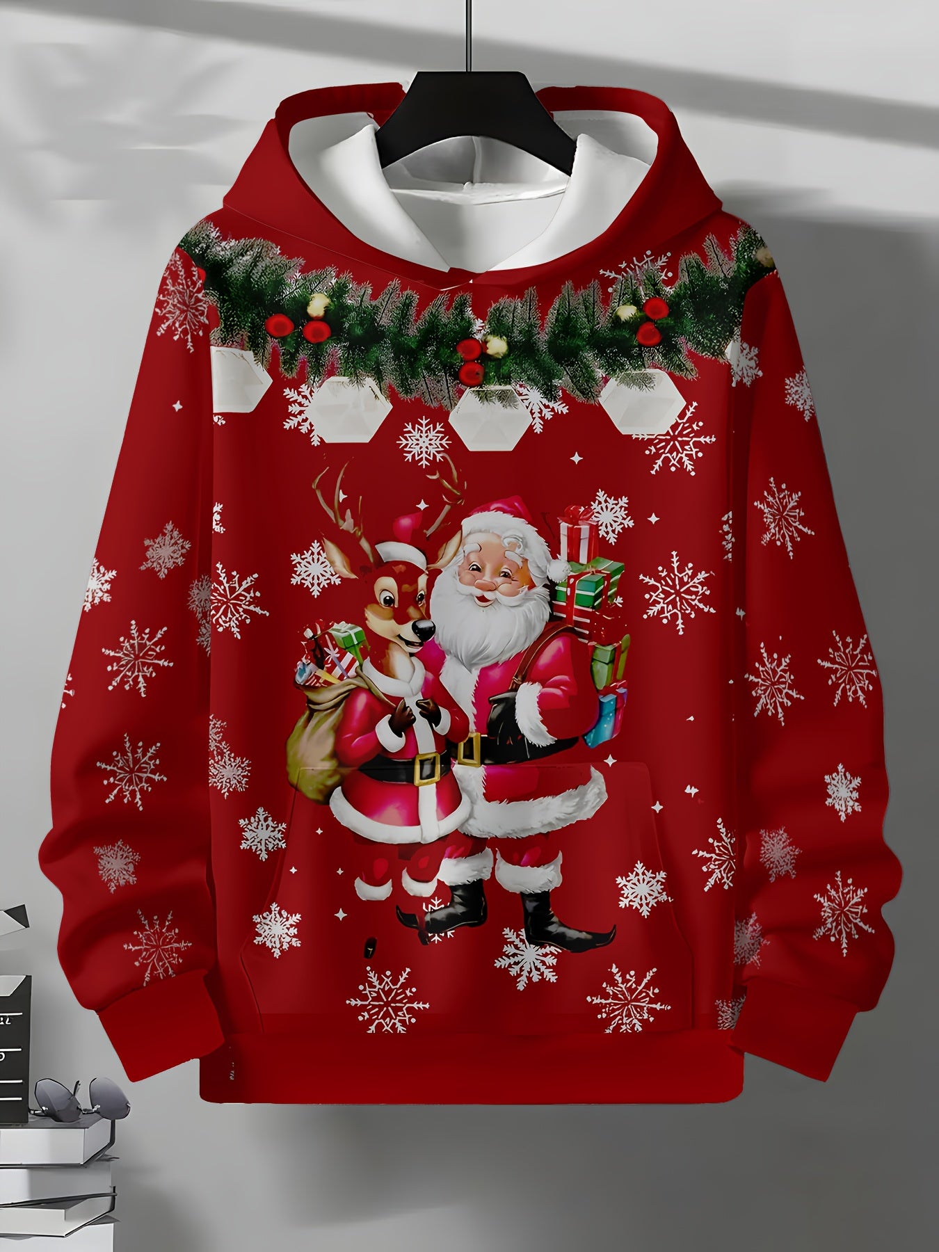 Men's Full-Body Snowflake & Santa Print Christmas Sweater Jacket with Pockets - Red Festive Hooded Pullover, Winter Party Outfit, Casual Seasonal Clothing, Durable for holiday Events & Daily Wear, PLUS SIZE
