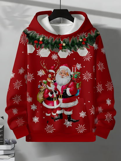 Men's Full-Body Snowflake & Santa Print Christmas Sweater Jacket with Pockets - Red Festive Hooded Pullover, Winter Party Outfit, Casual Seasonal Clothing, Durable for holiday Events & Daily Wear, PLUS SIZE