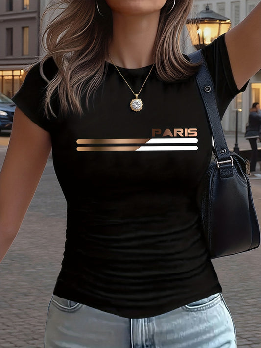 Women’s Y2K Crew Neck T-Shirt with Paris Lettering, Stretchy Casual To - ayq
