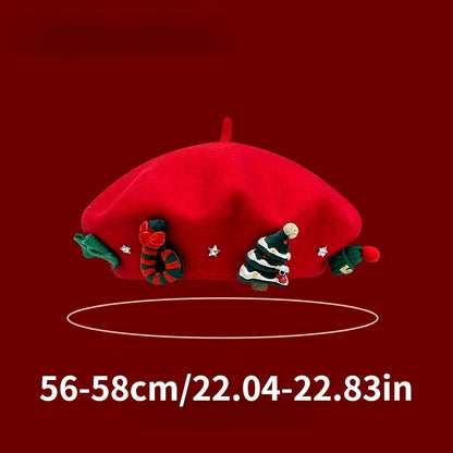 Women's Red Christmas Beret Hat with 3D Christmas Tree Decorations - Elastic Drawstring Closure, Lightweight Warm Winter Hat for Holiday Parties, Photo Shoots, Valentine's & New Year's Eve - Festive Movie-Inspired Fashion Acc