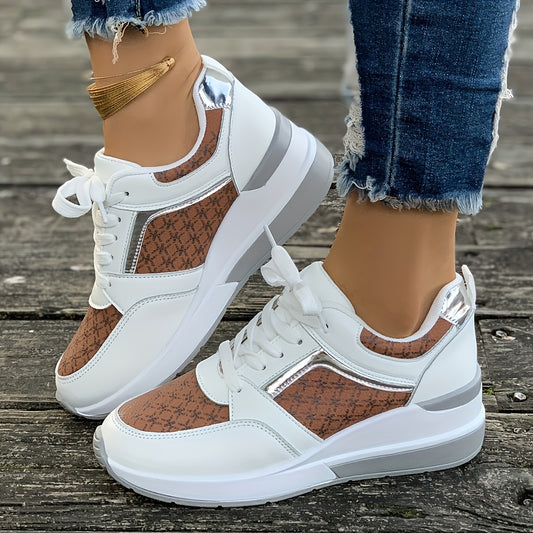 Women'S Plus Size Casual Sneakers - White Synthetic Cover Low-Top Lace-Up Shoes with Golden-Tone Accents, EVA Sole  Breathable Fabric Lining for Summer Comfort, Ladies Sneakers, Comfortable Footwear, Durable Footwear