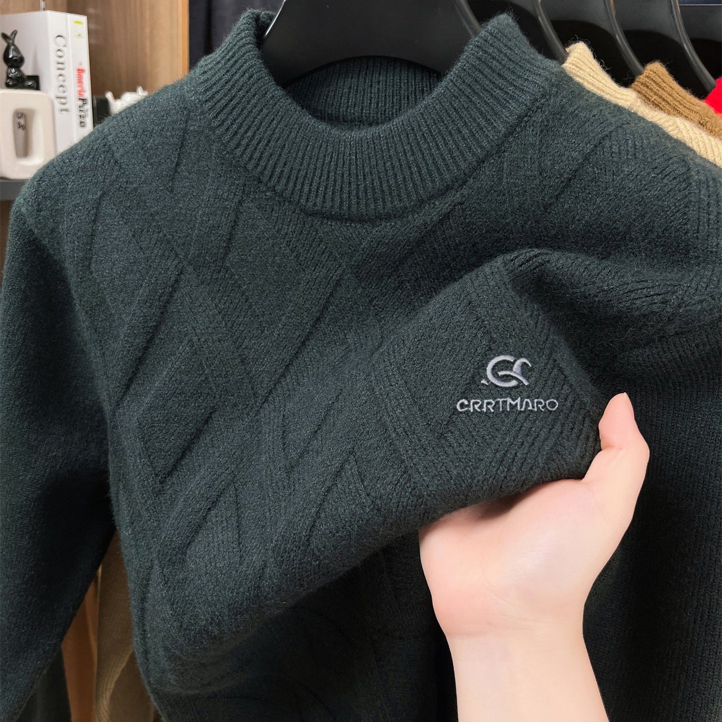KATMARO ասեղնագործված սվիտեր տղամարդկանց համար, կլոր վզնոցով, տաք աշնանային և ձմռան համար, խիտ բրդյա, կիսաբարձր օձիքով հիմք, Shengyida-ի առօրյա տղամարդու հագուստ