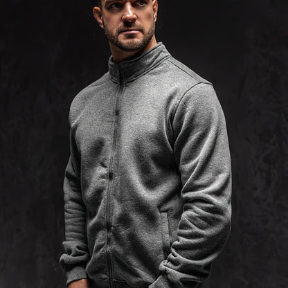 Men's Full-Zip Stand Collar Athletic Jacket - Soft Brushed Interior, Long Sleeve Casual Zippered Sweatshirt, Regular Fit Gym-to-Streetwear, Easy-Care (Hand Wash/Dry Clean) Solid Color Men's Outerwear