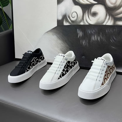 2025 New Men's Spring Slip-On White Sneakers, Breathable Casual Shoes with Embroidered Print, Trendy Footwear - ayq