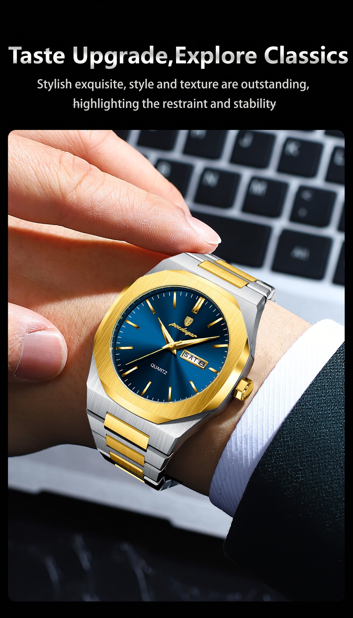 POEDAGAR Men'S Luxury Quartz Watch - Waterproof, Luminous Calendar, Stainless Steel Band, Business Style, Blue & Golden Accents, 3ATM, Non-Rechargeable Button Battery, Perfect for Spring Festival & Valentine'S Day Gifts