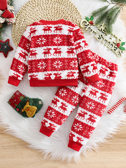 2pcs Girls' Cute Deer Print Fashionable Thick Flannel Set for Autumn/Winter, Soft and Comfortable Warm Outfit, Versatile Casual Attire with Outdoor Activities, Winter Clothing, Autumn Fashion, Stylish Kids' Wear, Playful Desi