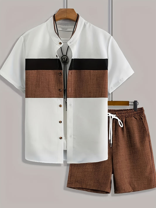 Men's Casual Summer Set: Stand Collar Shirt & Drawstring Shorts - ayq