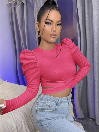 Կանացի աշնանային ձմեռային էլեգանտ, փքված թևքերով, կլոր վզնոցով, խաչաձև նախշերով, երկար թևքերով շապիկ