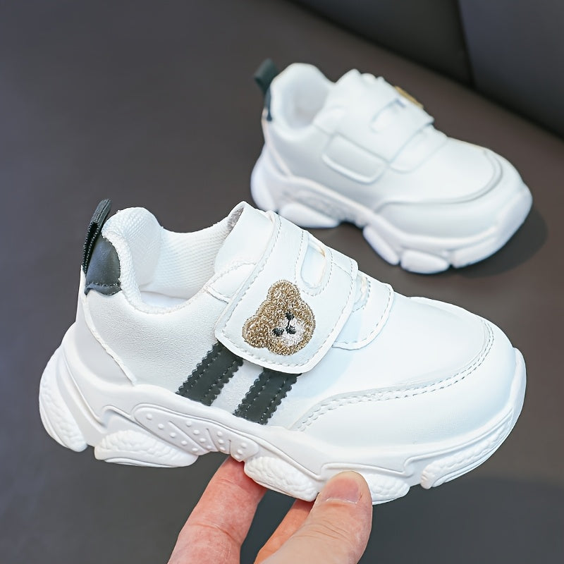 Girls' White Sneakers - Cute Cartoon Bear Design, Casual Low-Top Style with Hook-and-Loop Fastener, Comfortable Microfiber Synthetic Upper, All-Season Wear for Youngsters, Everyday Youngsters's Shoes | Playful Youngsters Snea