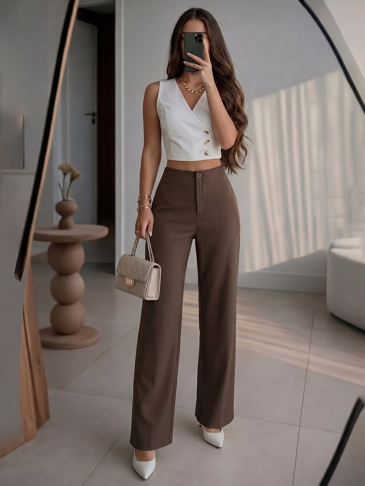 Petite High-Waisted Wide Leg Pants - Chic Draped Straight Trousers