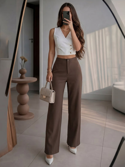 Petite High-Waisted Wide Leg Pants - Chic Draped Straight Trousers