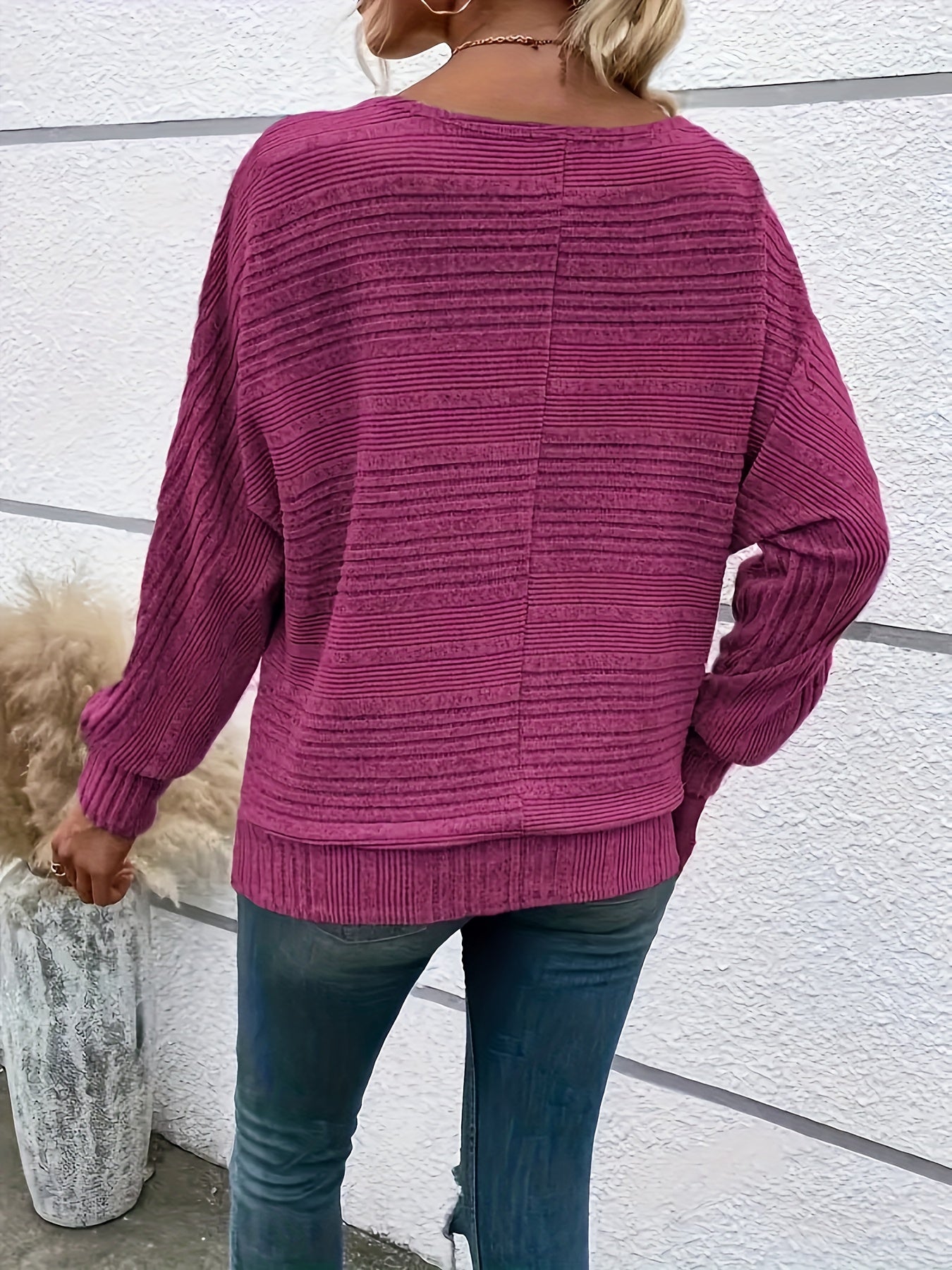 1 հատ Women'S Casual Crew Neck Knit T-shirt - պոլիեսթեր պինդ գույնի երկարաթև վերնաշապիկ գարնան/աշունի համար