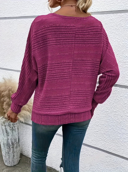 1 հատ Women'S Casual Crew Neck Knit T-shirt - պոլիեսթեր պինդ գույնի երկարաթև վերնաշապիկ գարնան/աշունի համար