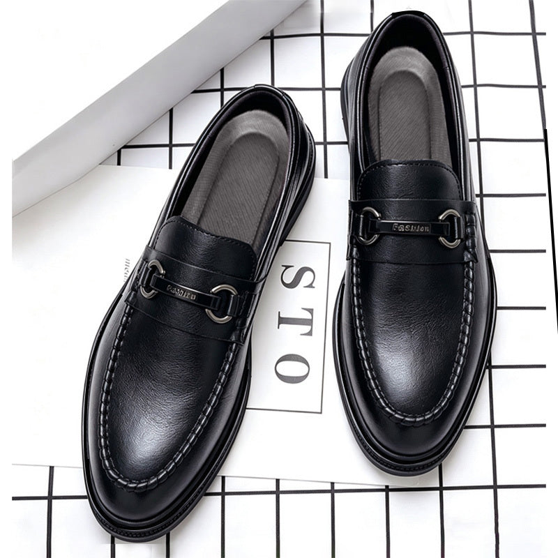 Men's Black Slip-On Business Casual Shoes with Metal Buckle