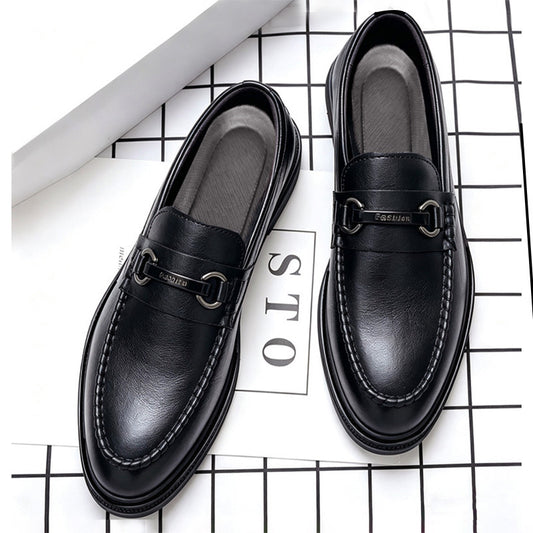 Men's Black Slip-On Business Casual Shoes with Metal Buckle