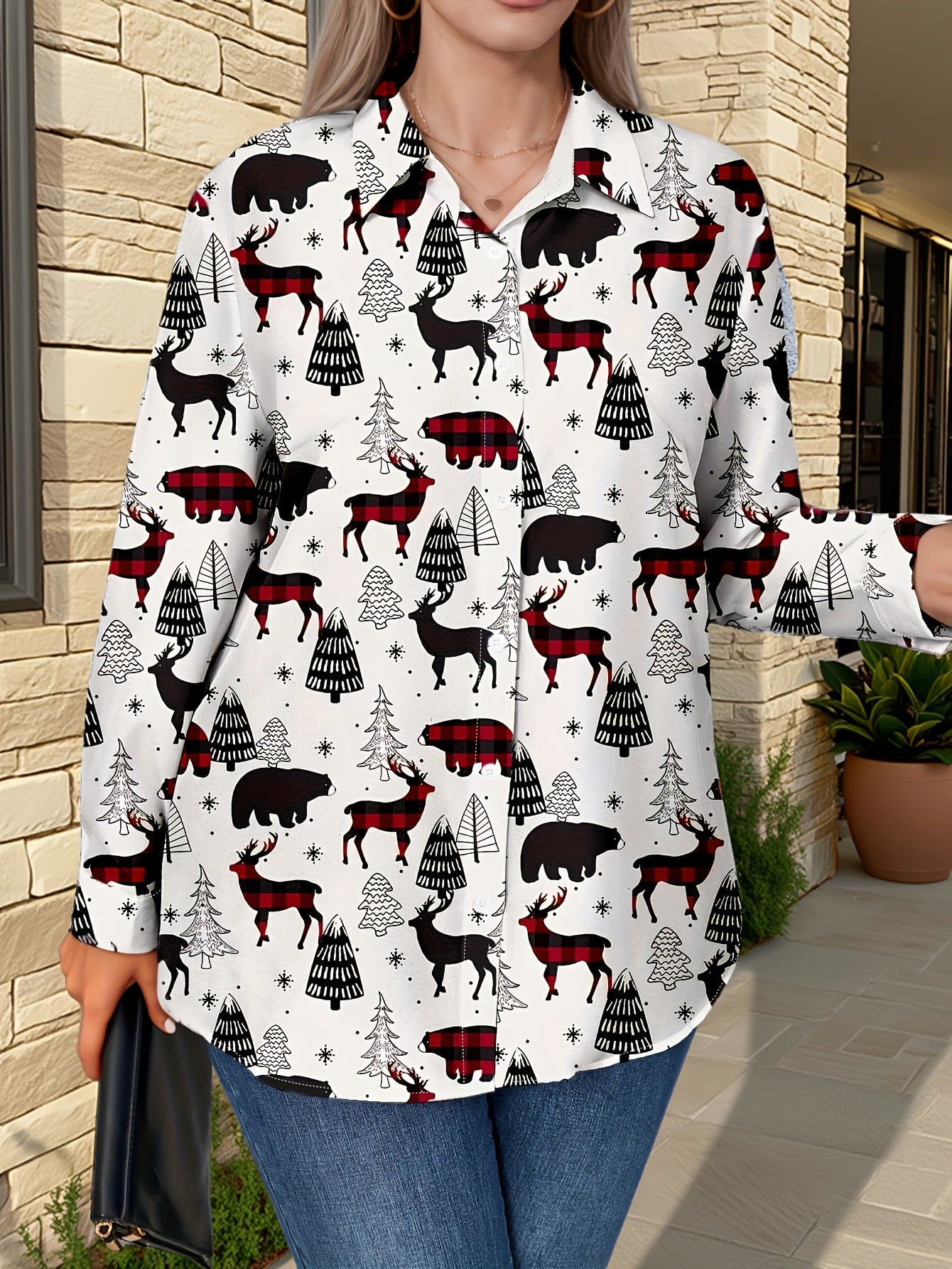 Plus Size, Women's Plus Size Winter Deer & Moose Print Blouse - Long Sleeve Christmas Party Shirt with Collar & Button Front, Red & Black Nordic Winter Pattern, Machine Washable Elegant Casual Holiday Outfits for Christmas &