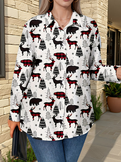 Plus Size, Women's Plus Size Winter Deer & Moose Print Blouse - Long Sleeve Christmas Party Shirt with Collar & Button Front, Red & Black Nordic Winter Pattern, Machine Washable Elegant Casual Holiday Outfits for Christmas &