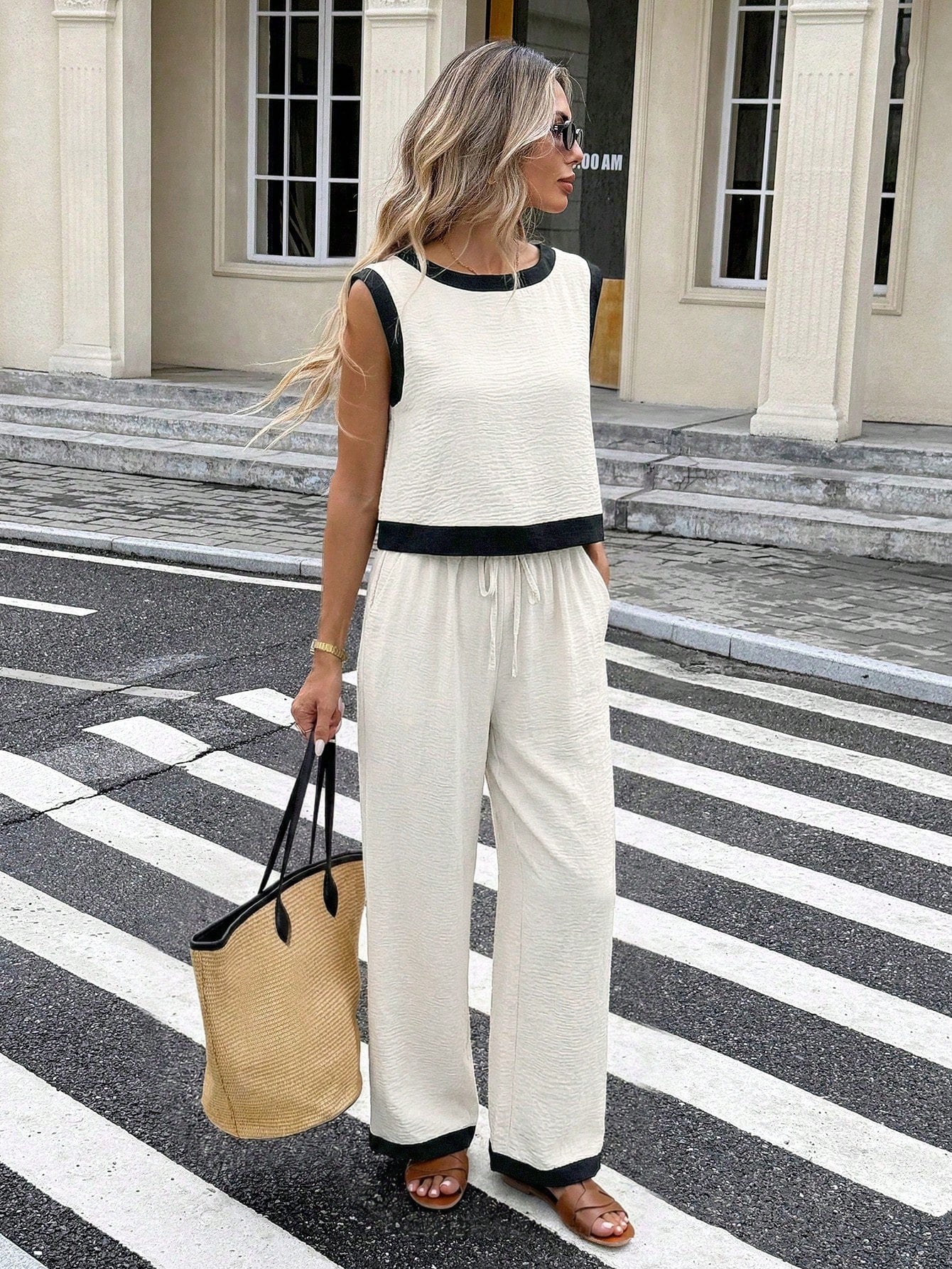 Women's Sleeveless Color-Block Tank Top & Wide-Leg Pants Set