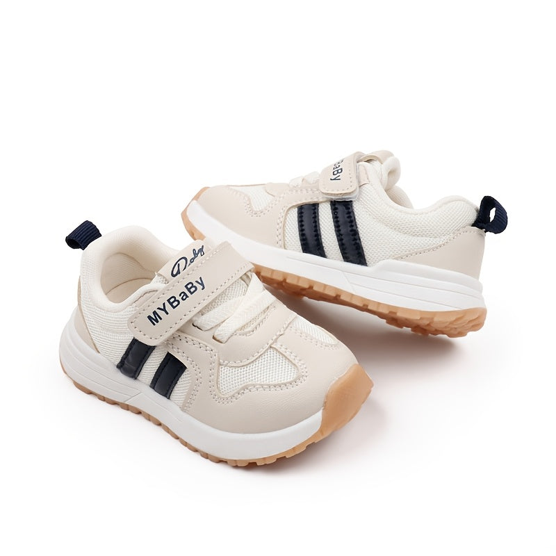 [1pc Unisex Toddler Sports Sneakers] Toddler Sports Sneakers, Unisex Preppy Casual Running Shoes, Striped Low Top Fabric & PU Upper, Breathable Mesh, Soft TPR Sole, with Adjustable Strap Closure, for Spring/Summer, All-Season