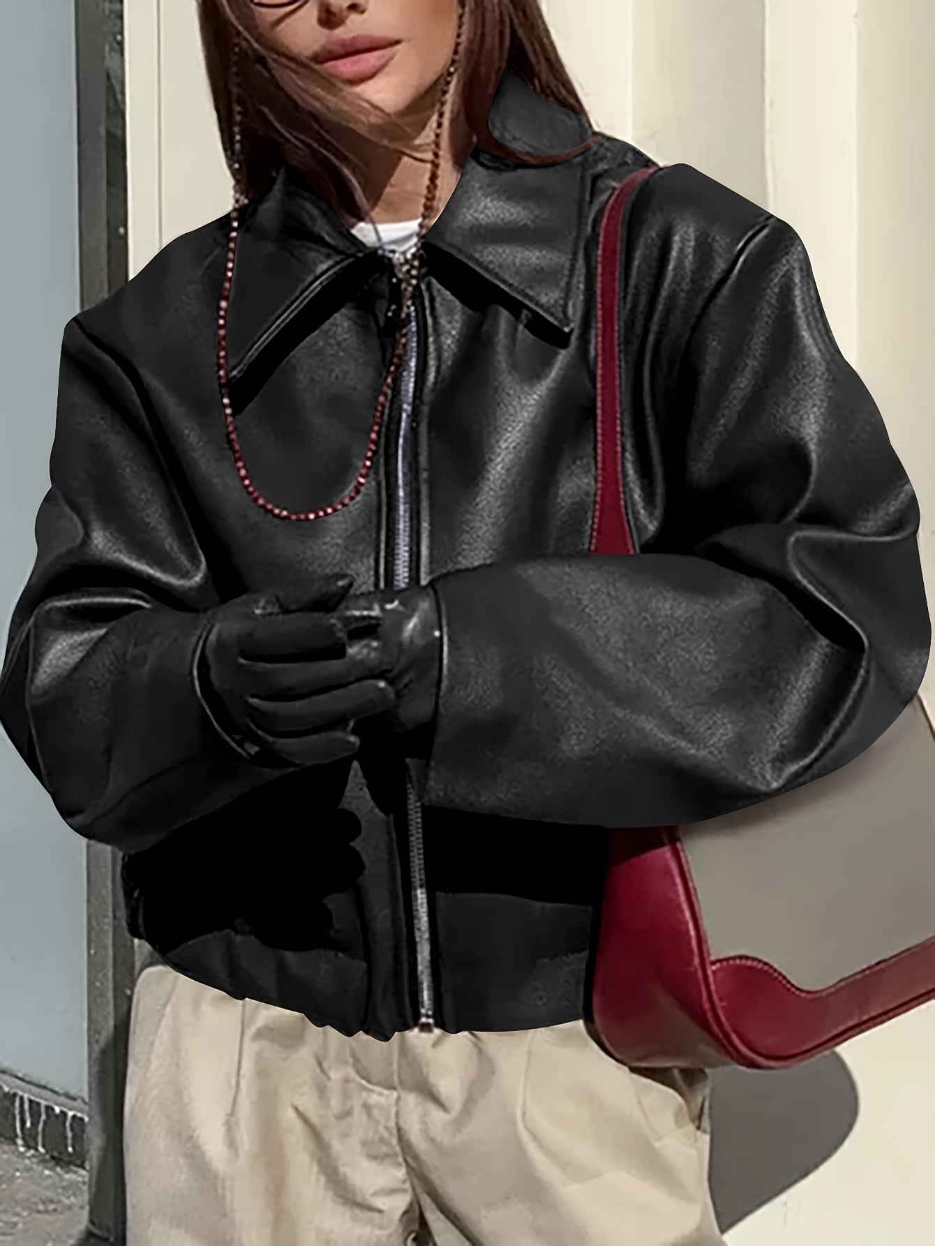 Women's Retro Motorcycle Jacket - Coat with Collar & Classic Black/White/Grey/Brown Tones - All-Season Casual Outerwear (Machine Washable) for Motorcycle Riding & Casual Attire - Non-Stretch Jacket